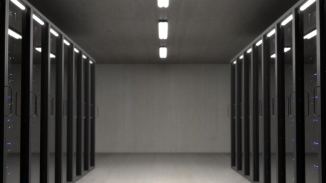 black server racks on a room